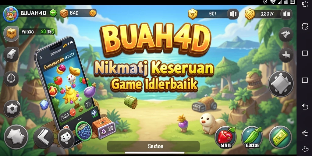 Screenshot utama BUAH4D menampilkan kebun berwarna-warni dengan berbagai jenis buah.
