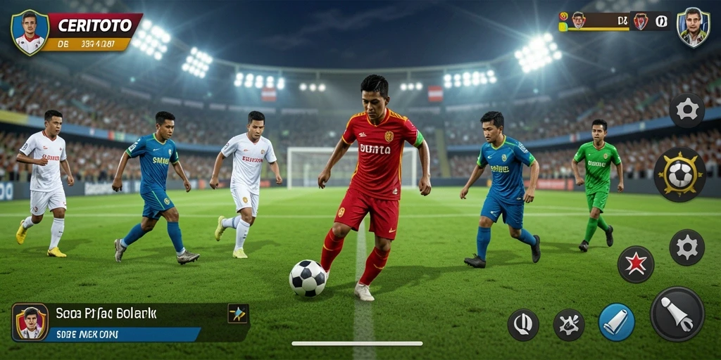 Tangkapan layar gameplay CERITOTO menunjukkan momen penting di lapangan sepak bola.