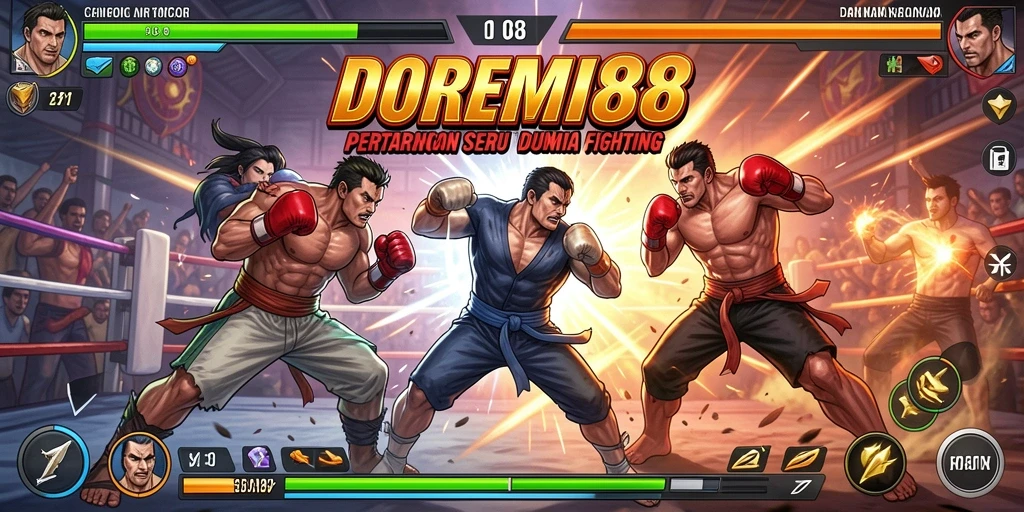 Screenshot menunjukkan karakter bertarung di arena mendebarkan.