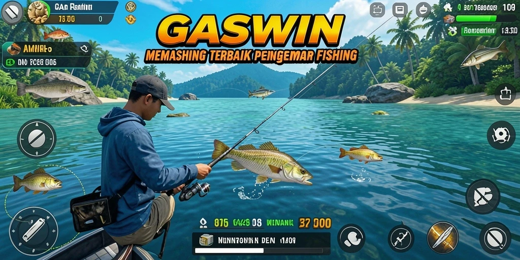 Screenshot dari gameplay GASWIN yang menunjukkan pengalaman memancing yang menakjubkan.