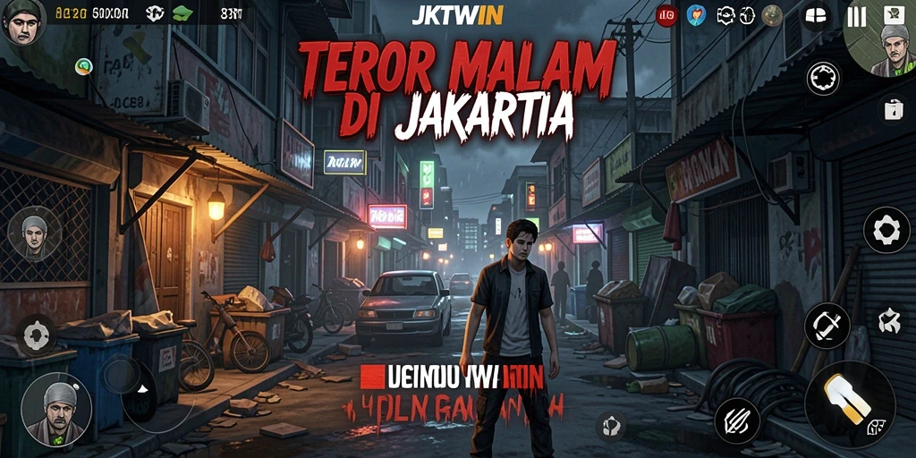 Screenshot gameplay JKTWIN menampilkan suasana horor yang mencekam.