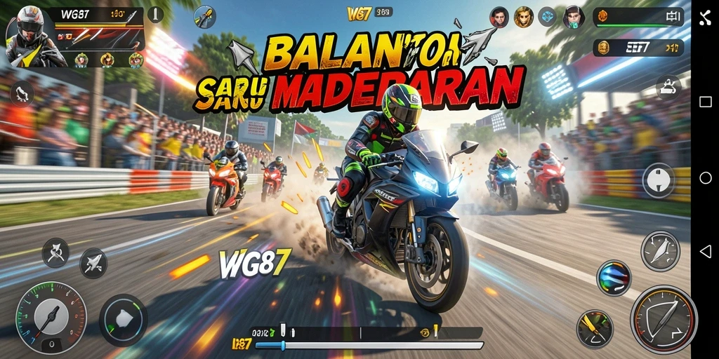 Tangkapan layar utama menampilkan aksi balapan motor yang mengesankan.